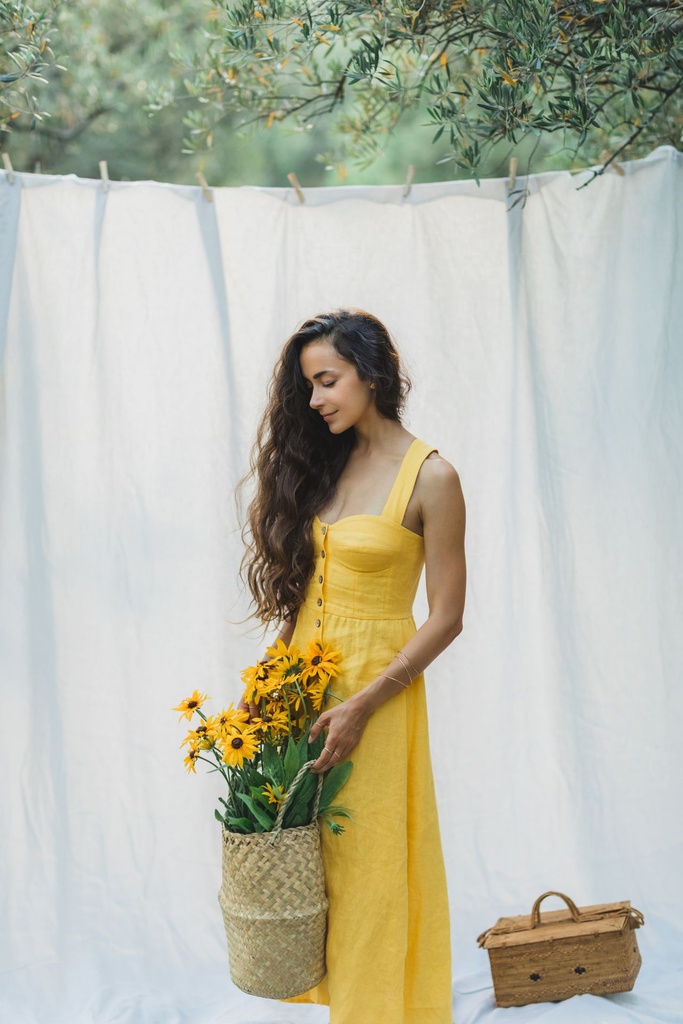 無袖層疊長連衣裙 - 檸檬黃色