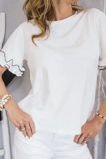 棉質荷葉邊袖T恤 - 純白色